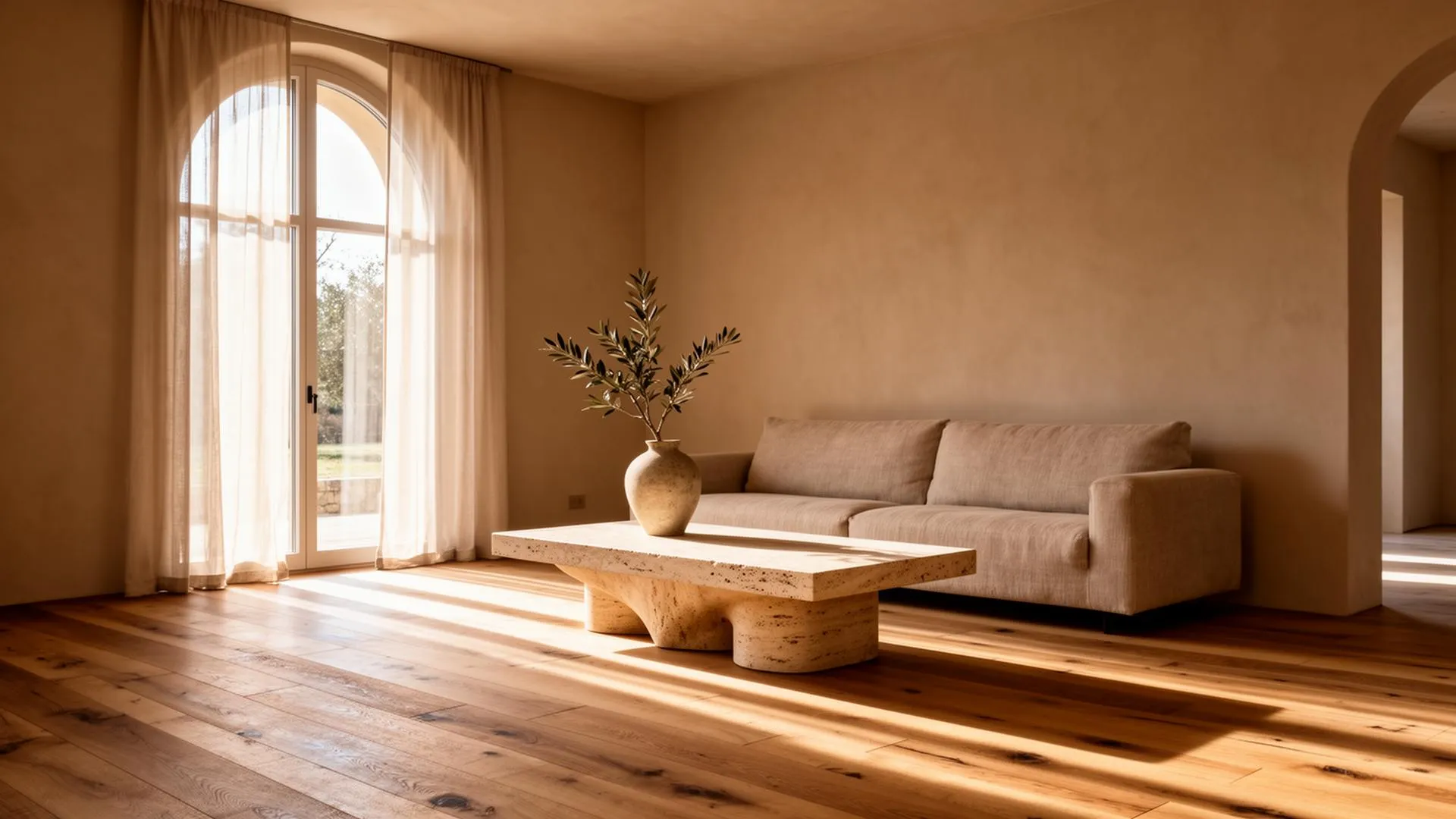 Lichte architecturale woonkamer met een eiken plankenvloer en natuurlijk daglicht
